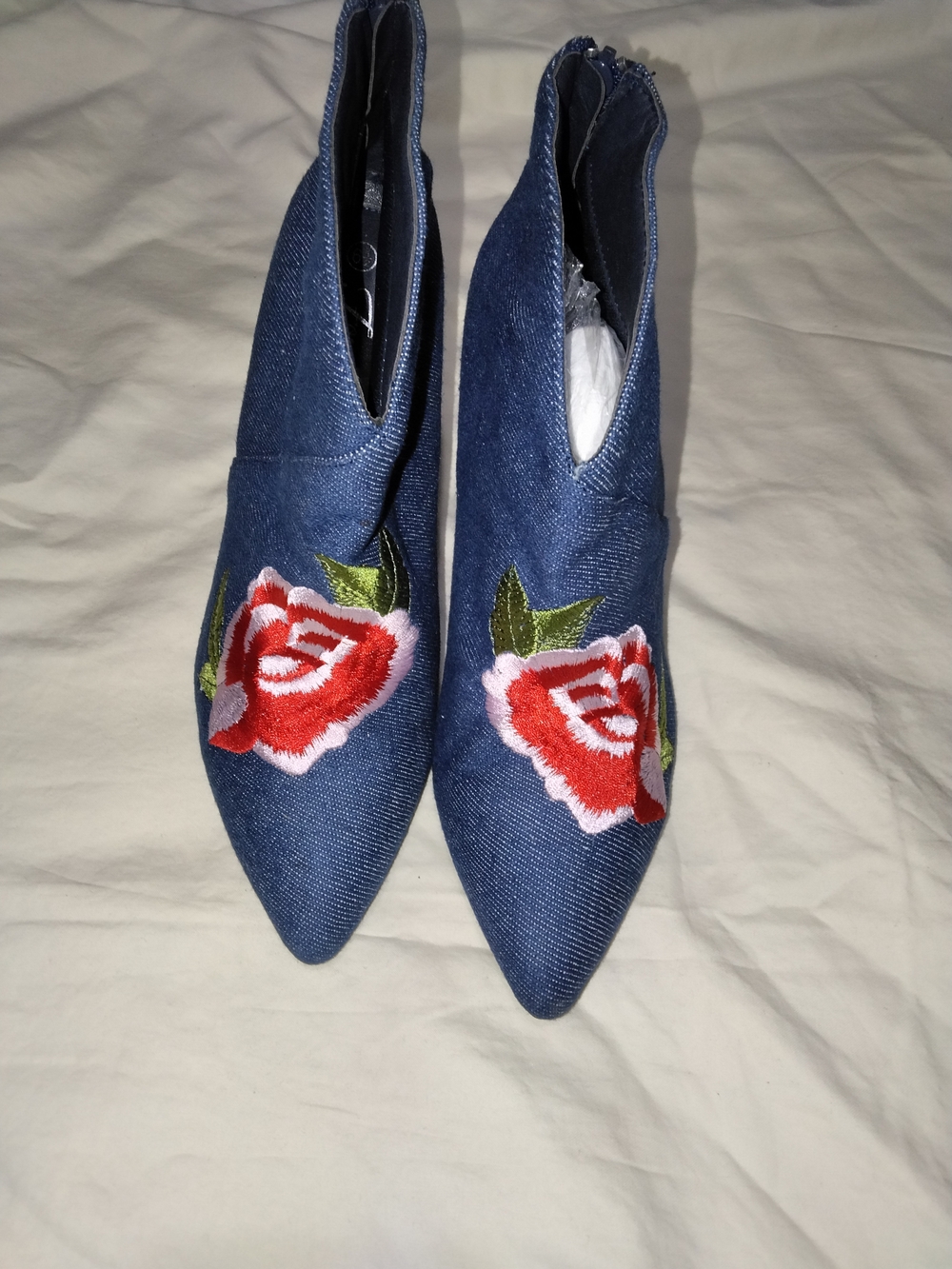 Denim Pointed-Toe Ankle Booties with Red Rose Embroidery